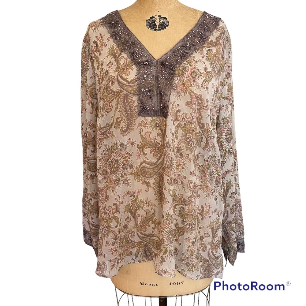 Venezia Long Sleeve, V Neck, Beaded Tunic Top - Size 18 - 20